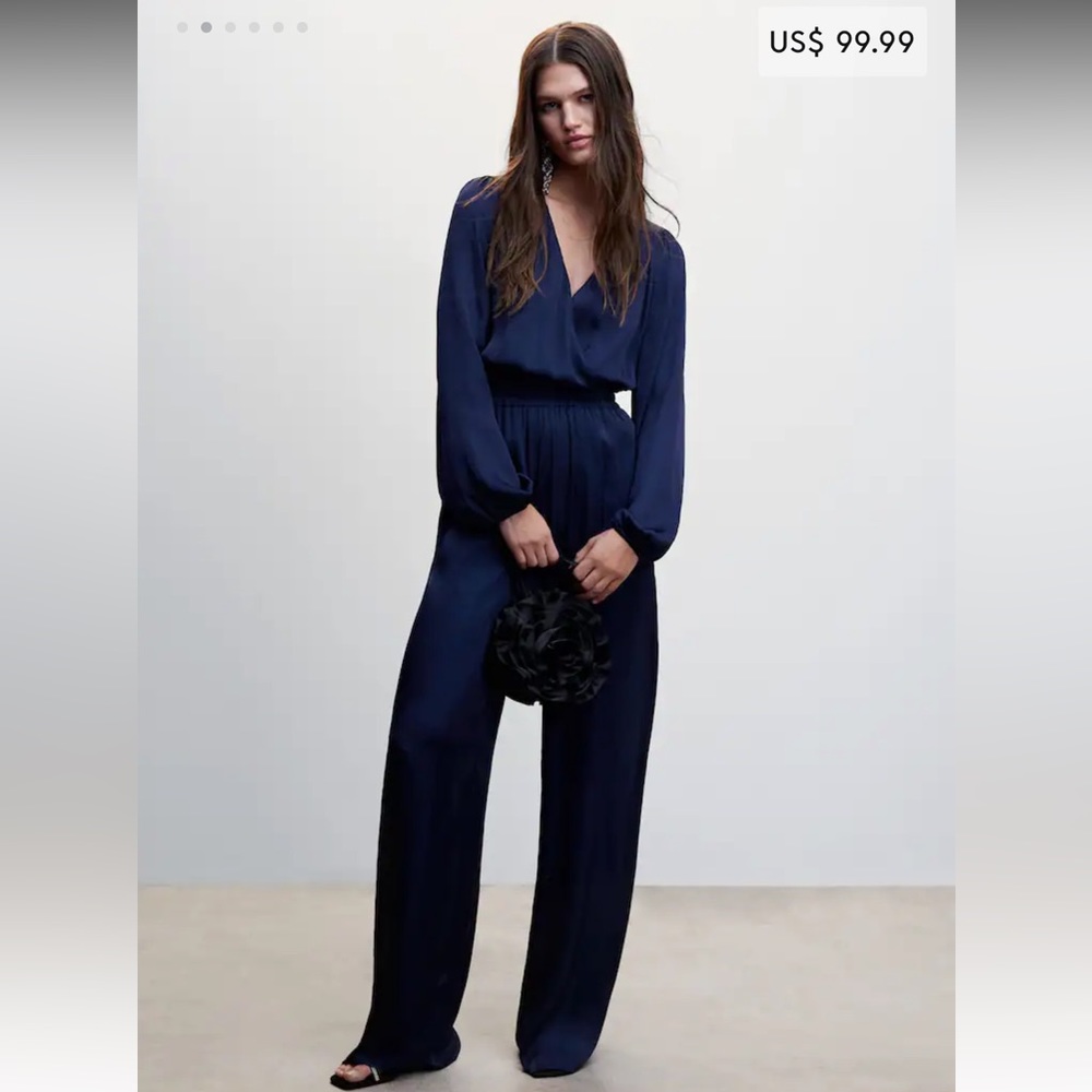 Nwts mango Wrap neckline satin jumpsuit navy size large